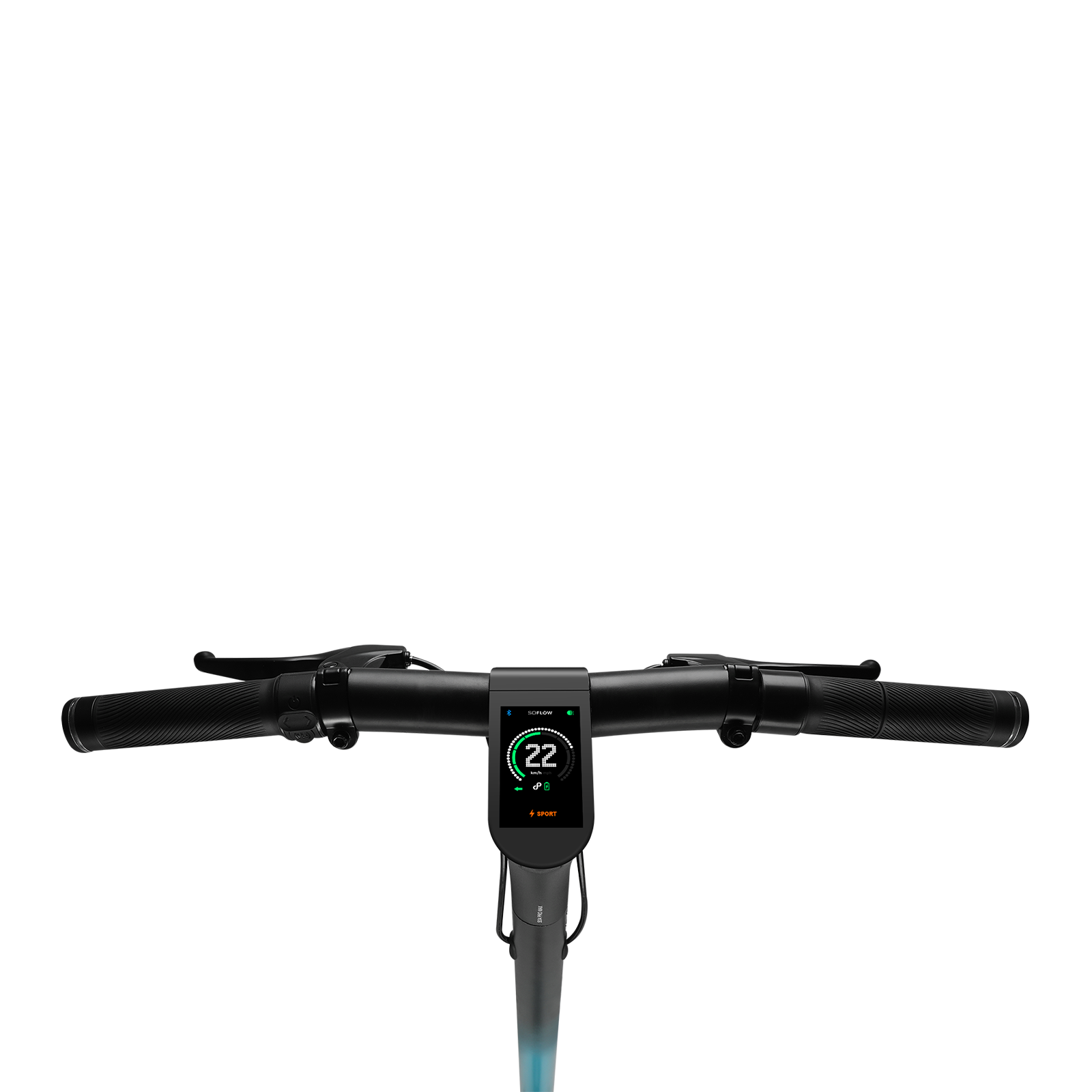 Schwarzer E-Scooter-Lenker mit leuchtendem Digitaldisplay, das 22 km/h anzeigt, vor dunklem Hintergrund.