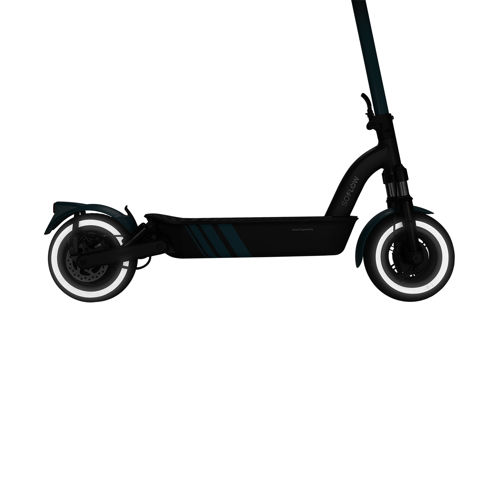 Ein schwarzer E-Scooter mit leuchtend weißen Reifenringen auf schwarzem Hintergrund.