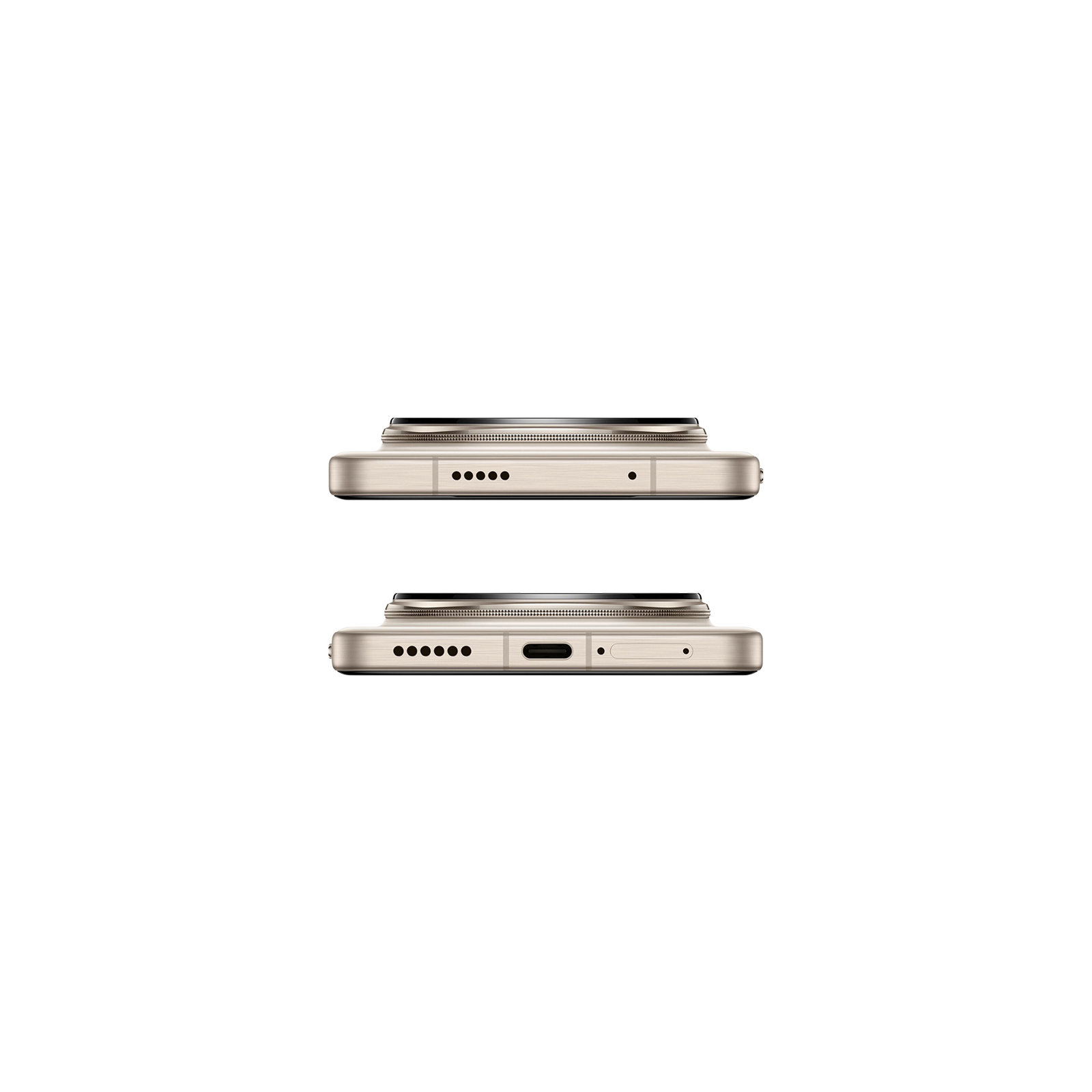 Ober- und Unterseite eines goldenen Smartphones mit Anschlüssen und Lautsprechern auf schwarzem Hintergrund.