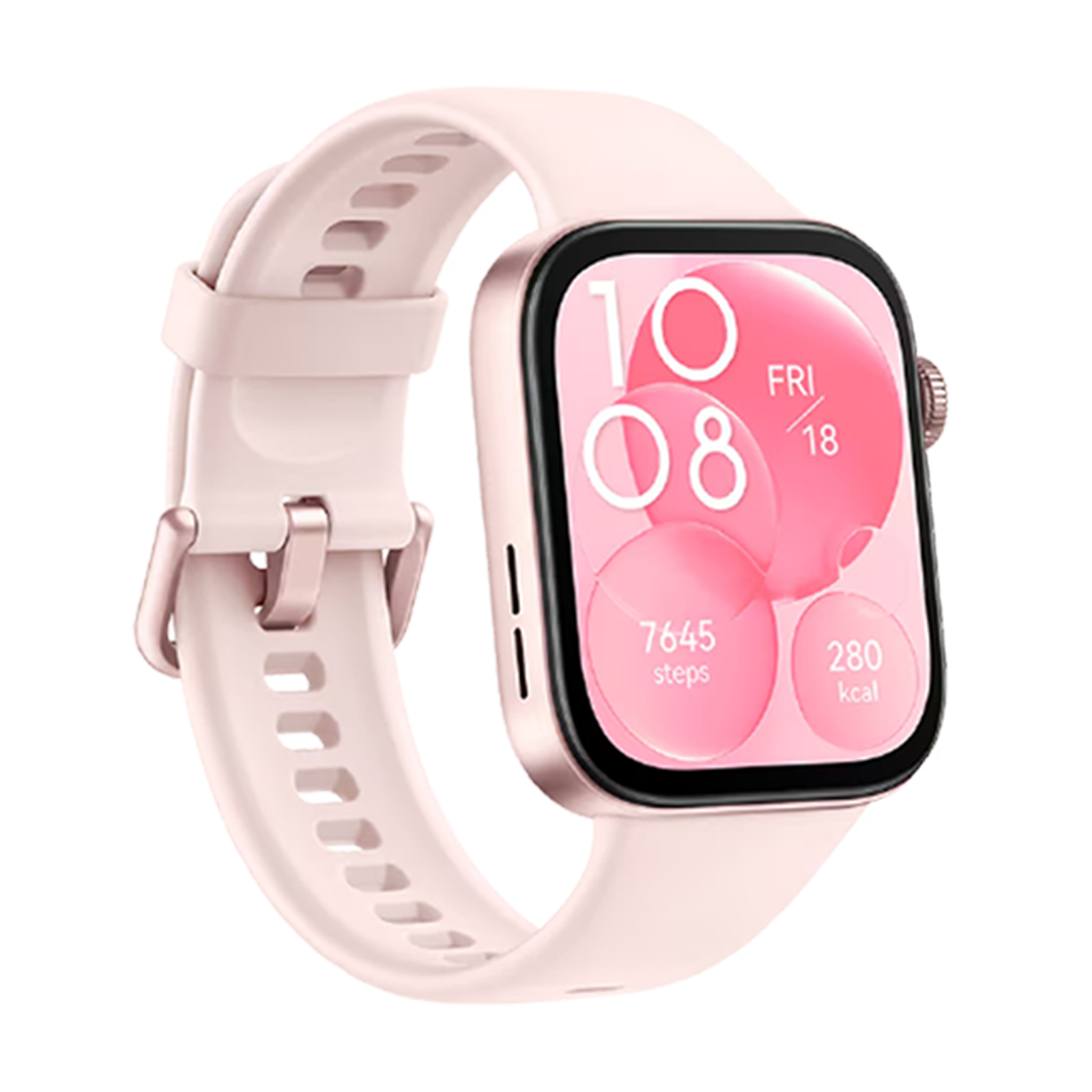Un reloj inteligente rosa con pantalla cuadrada muestra hora, fecha y datos de fitness sobre fondo negro.