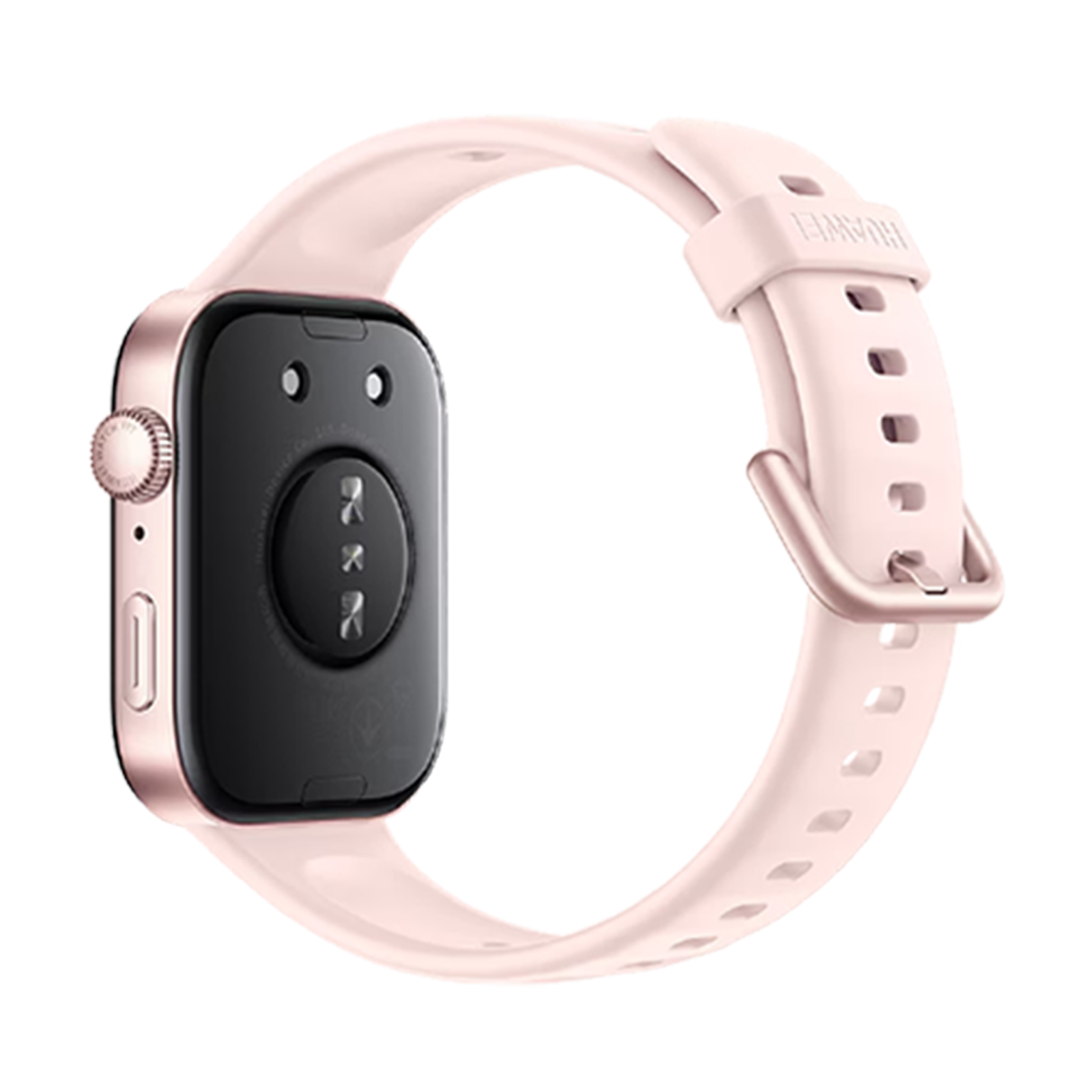 Un reloj inteligente rosa con caja rectangular, sensores en la parte posterior y correa de silicona rosa claro sobre fondo negro.
