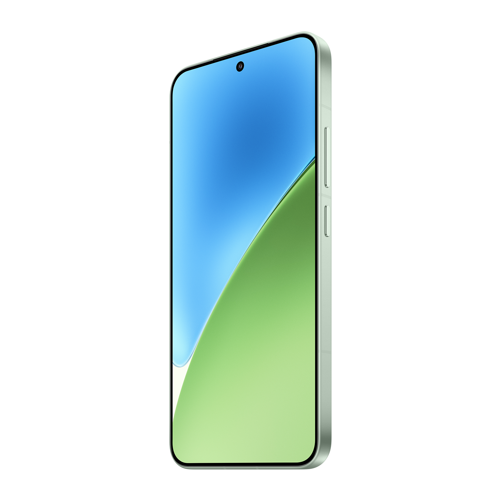 Un smartphone verde claro con fondo de pantalla abstracto azul y verde en ángulo sobre fondo negro.