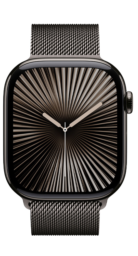 Un reloj inteligente con correa de malla metálica y pantalla negra que muestra un patrón de rayos y manecillas blancas.