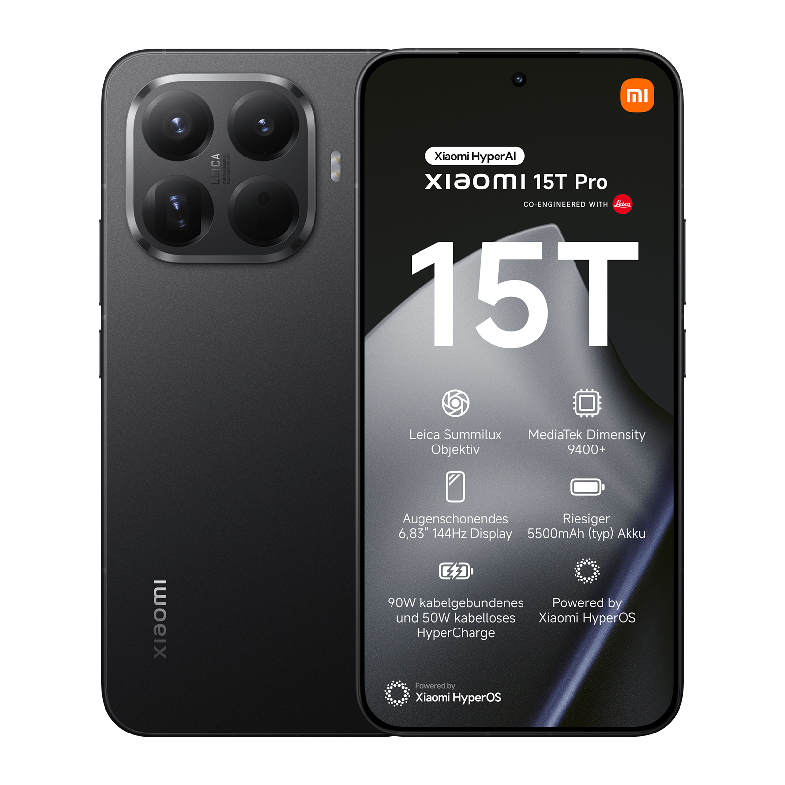 Vorder- und Rückseite des dunkelgrauen Xiaomi 15T Pro Smartphones mit Kamera und technischen Daten.