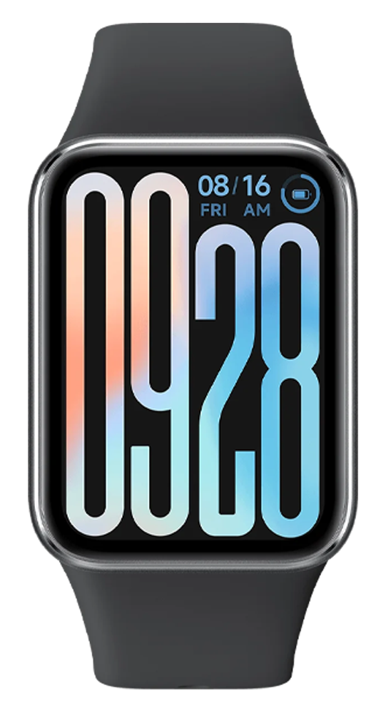Un reloj inteligente negro con pantalla rectangular muestra la hora 09:28, la fecha 08/16 y el estado de la batería.