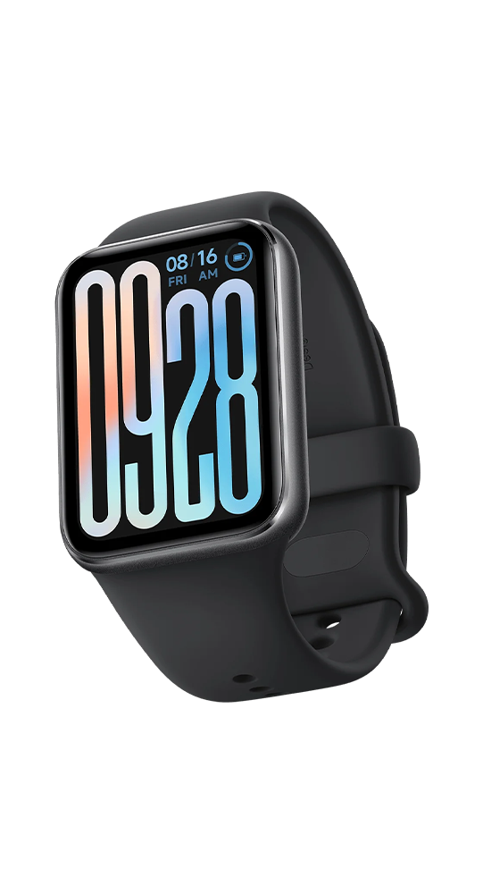 Un reloj inteligente negro con pantalla rectangular muestra la hora sobre un fondo negro.
