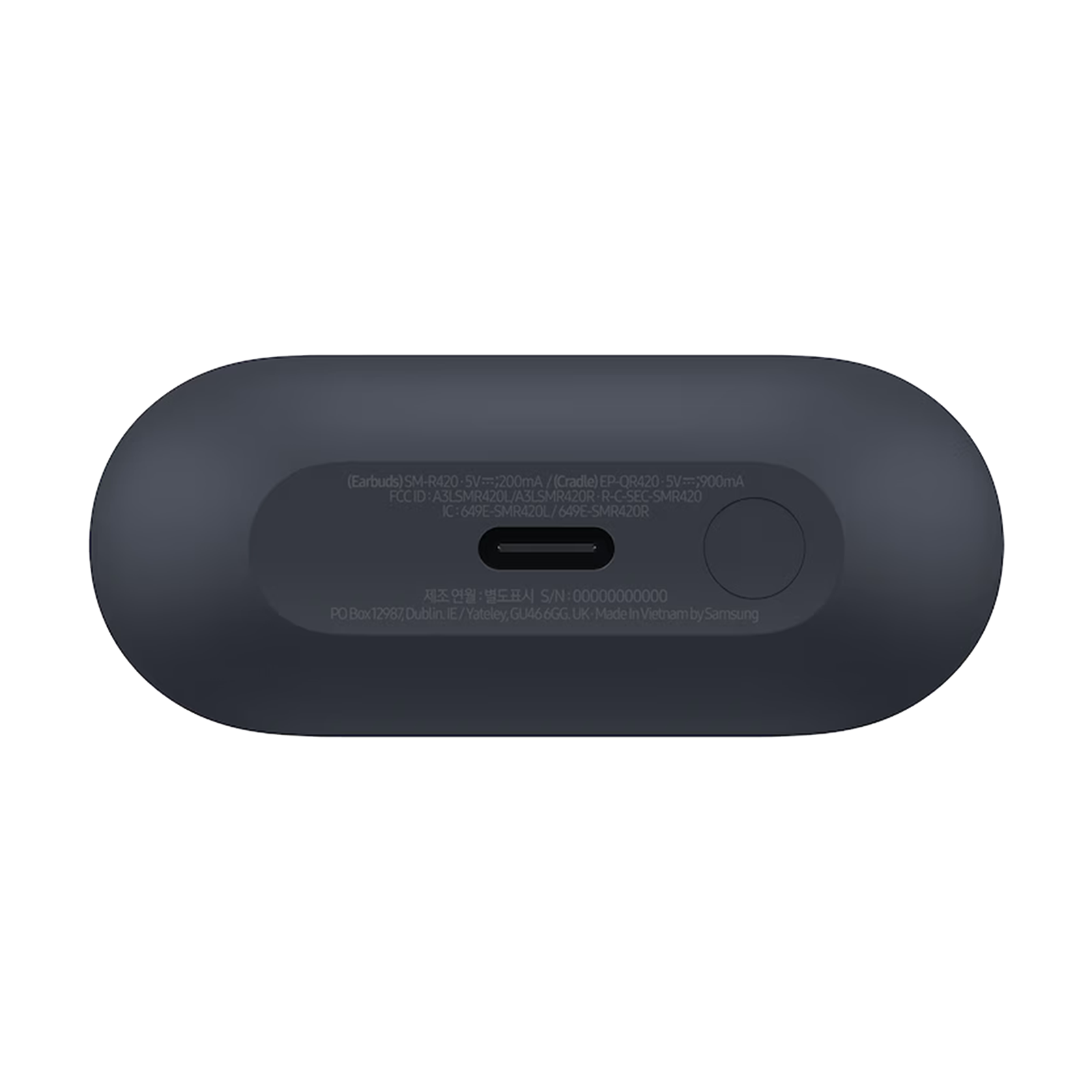 Unterseite eines ovalen Ladecase für Ohrhörer mit USB-C-Anschluss und Text.