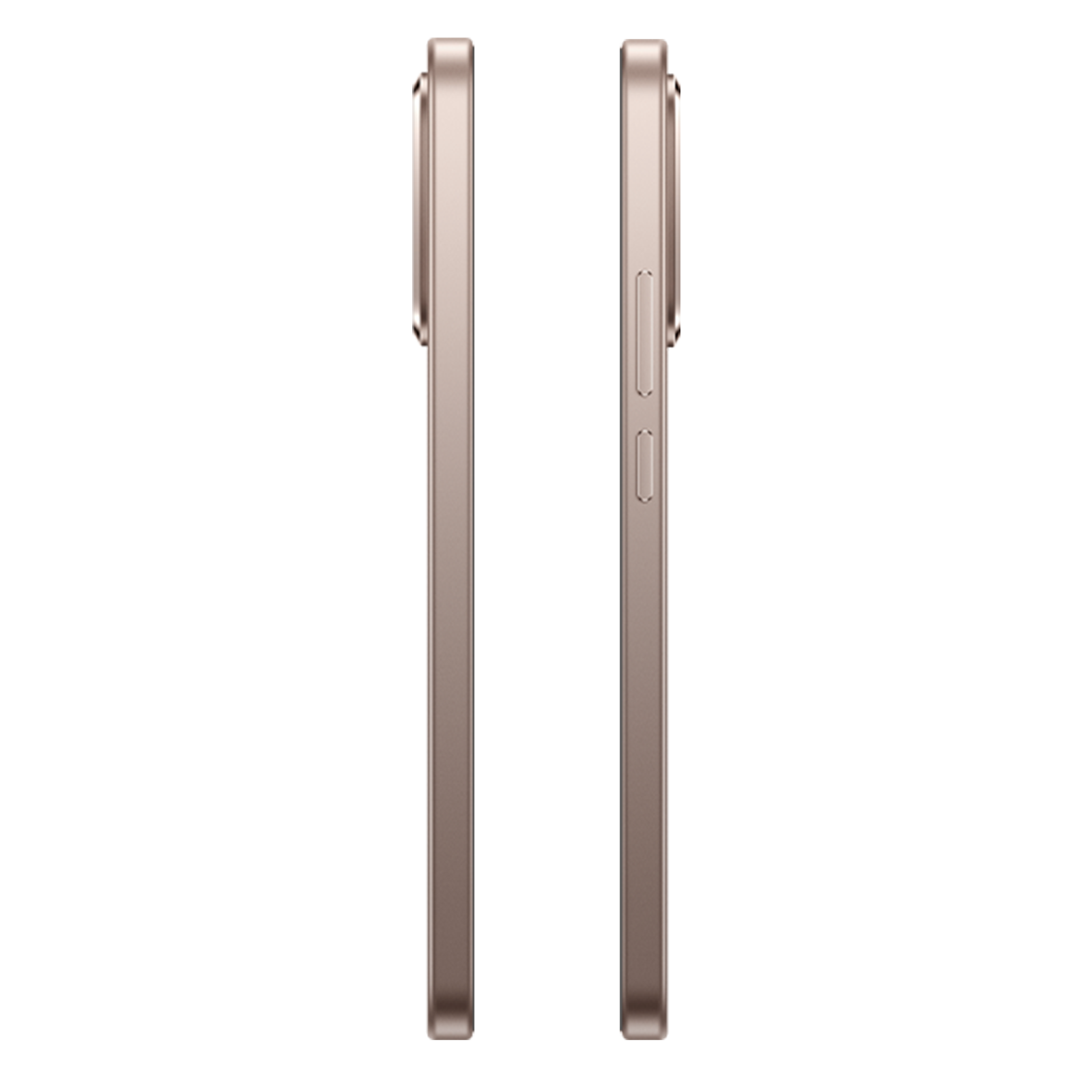 Zwei Ansichten der linken und rechten Seite eines roségoldenen Smartphones vor schwarzem Hintergrund.