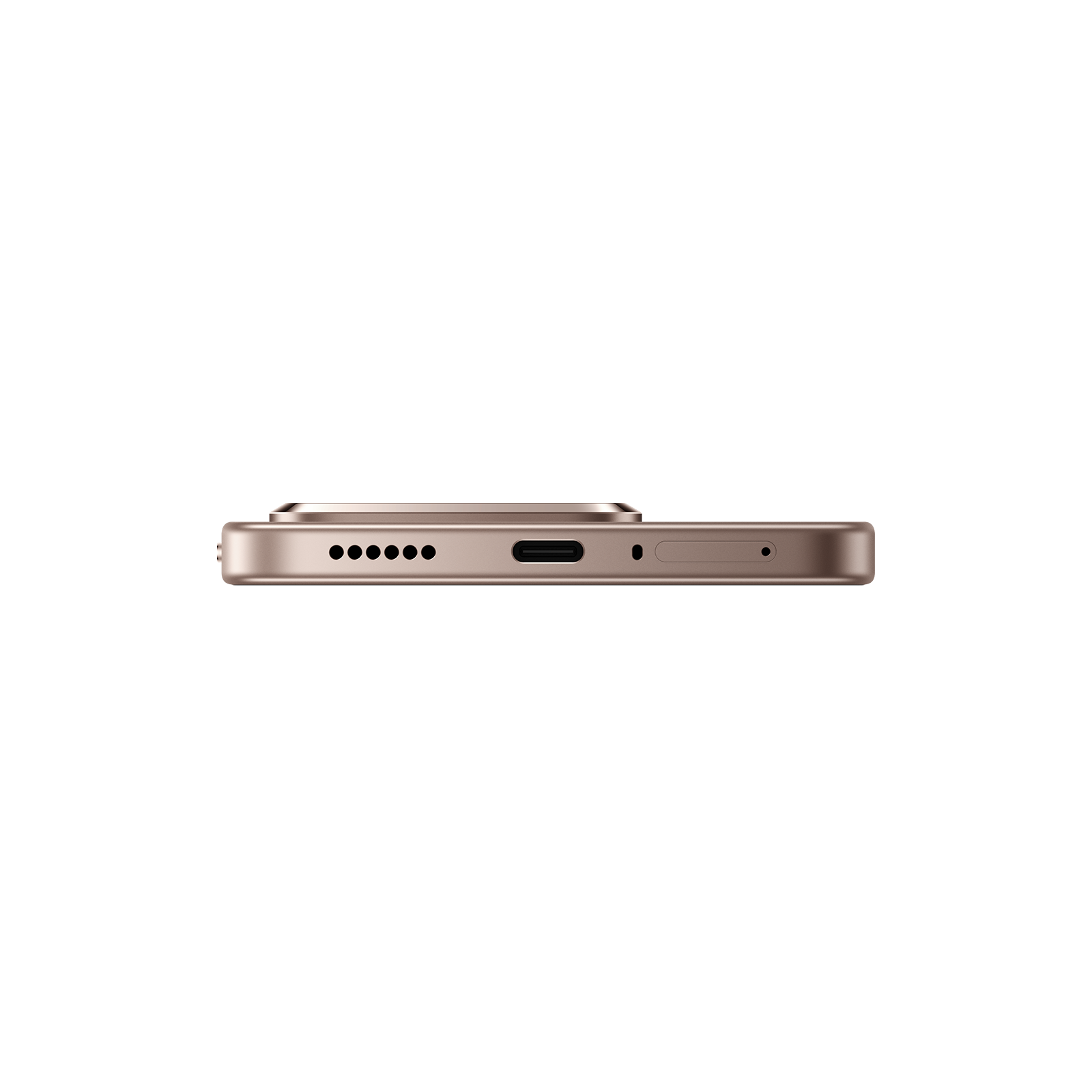 Unterseite eines roségoldenen Smartphones mit USB-C-Anschluss, Lautsprecher und SIM-Kartenfach.