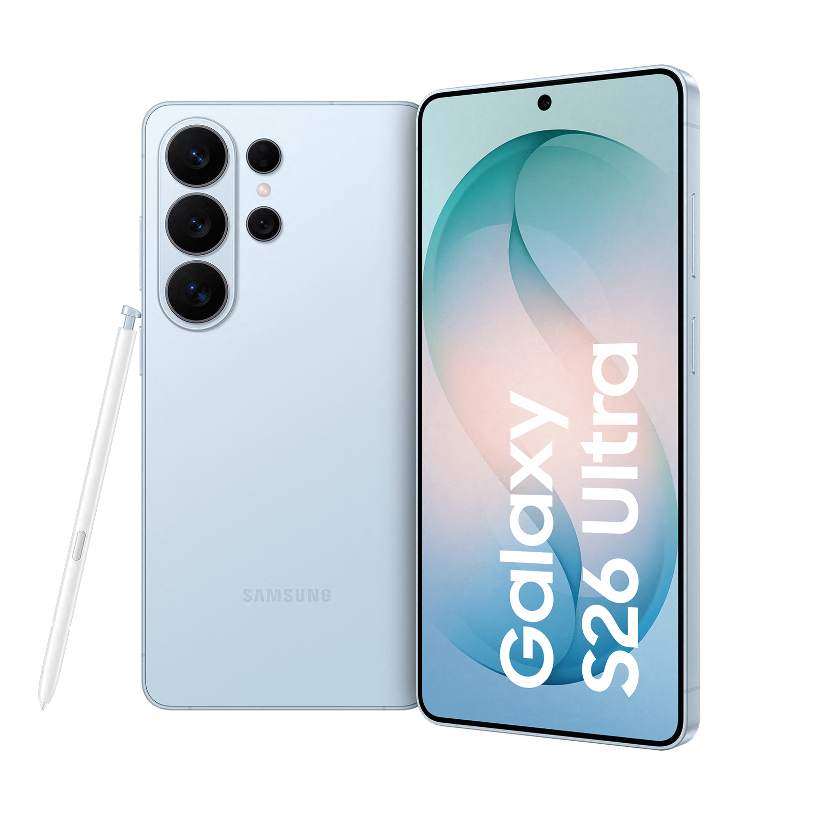 Hellblaues Galaxy S26 Ultra Smartphone mit Vorder- und Rückseite sowie einem Stift daneben.