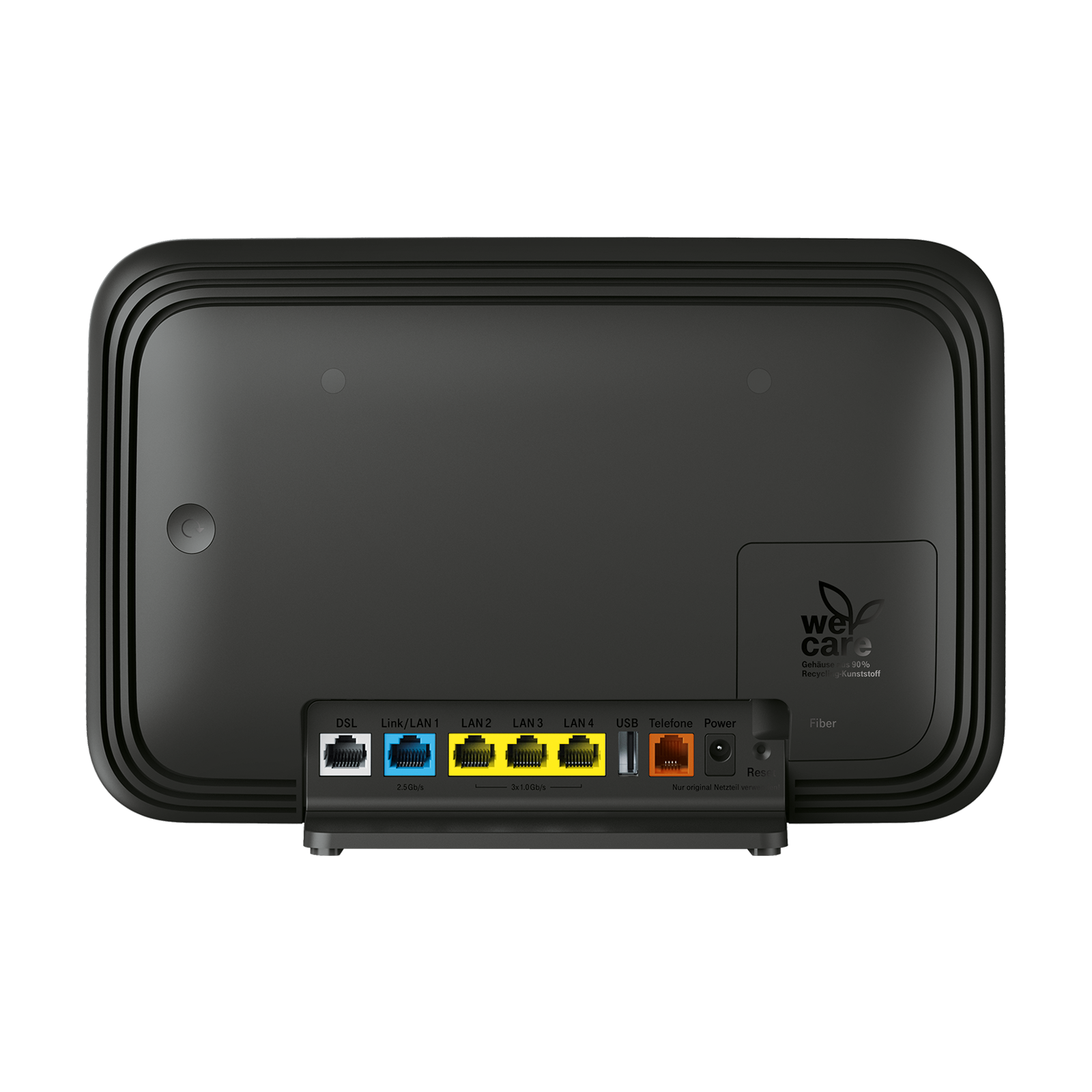 Vista posteriore di un router nero con porte DSL, LAN, USB, telefono e alimentazione su sfondo scuro.