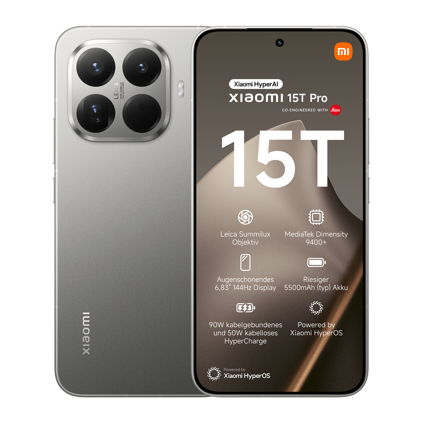 Smartphone plateado Xiaomi 15T Pro mostrando cámara trasera y pantalla frontal con especificaciones.