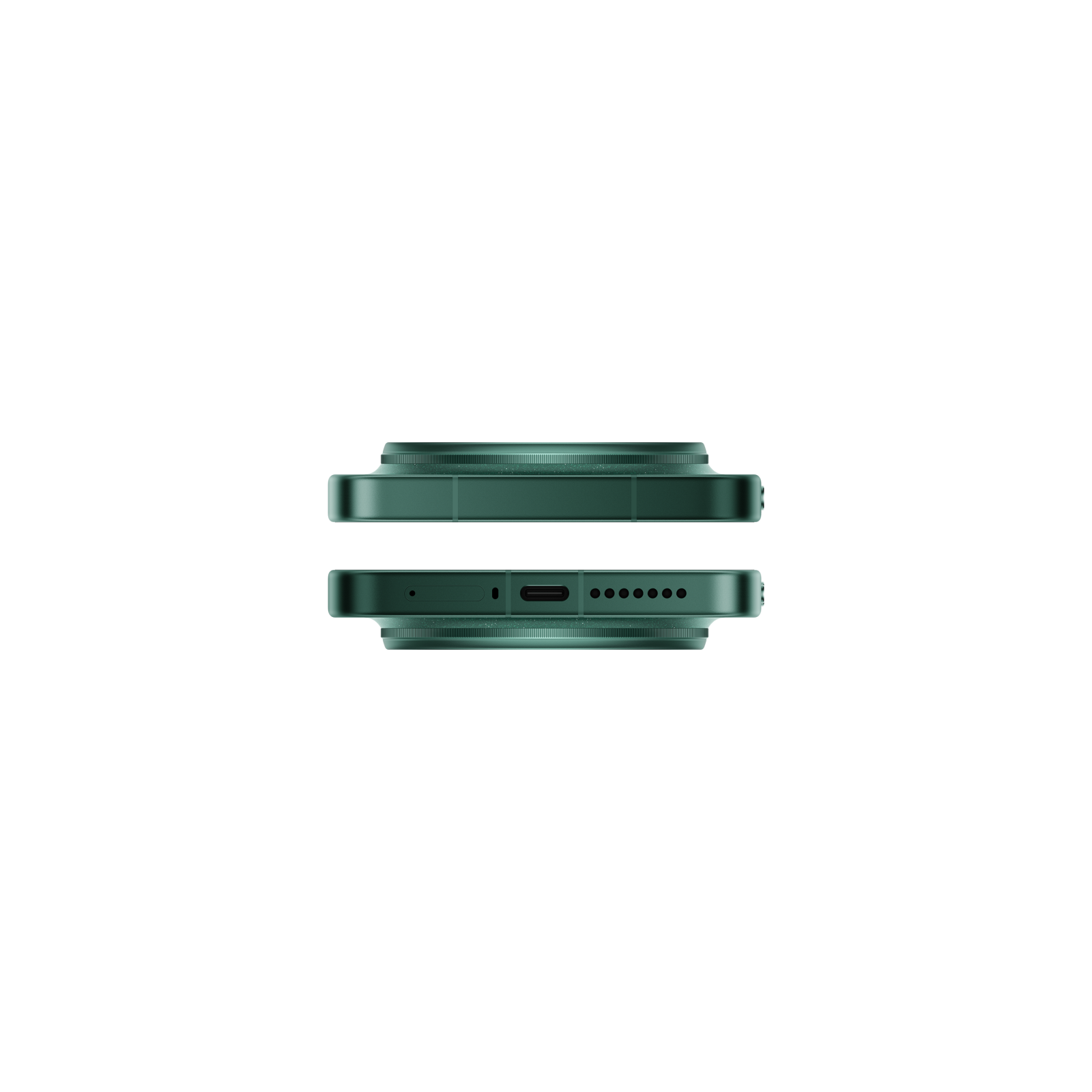 Zwei grüne Smartphone-Rahmen auf schwarzem Hintergrund, einer mit USB-C-Anschluss und Lautsprechern.