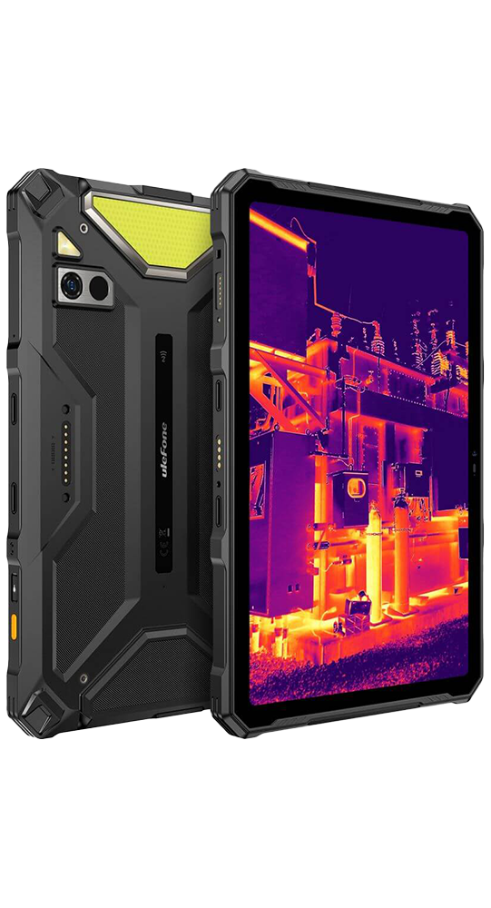 Robustes schwarzes Ulefone-Tablet mit thermischer Bildschirmanzeige und robuster Rückseite gegen schwarzem Hintergrund.