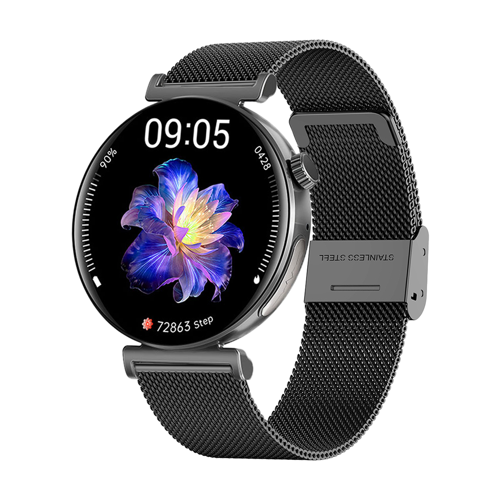 Eine schwarze Smartwatch mit rundem Display zeigt eine blaue Blume, Uhrzeit und Schritte vor schwarzem Hintergrund.