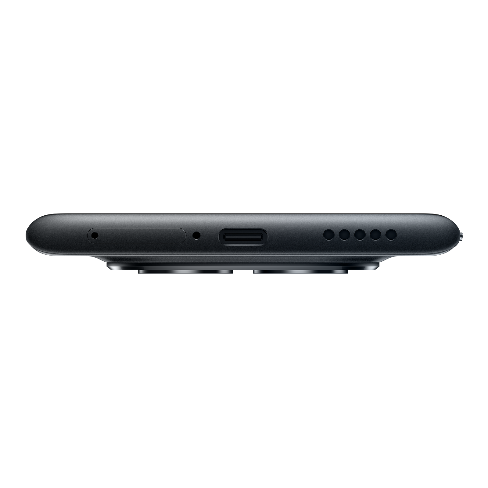 Unterseite eines schwarzen Smartphones mit USB-C-Anschluss, Lautsprecher und SIM-Fach vor dunklem Hintergrund.