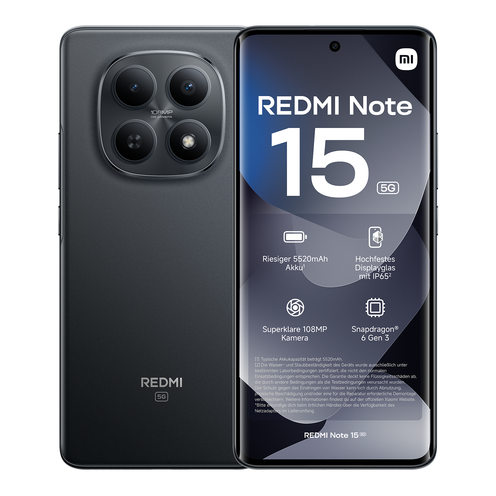 Front- und Rückansicht eines schwarzen Redmi Note 15 5G Smartphones mit technischen Spezifikationen auf dem Display.