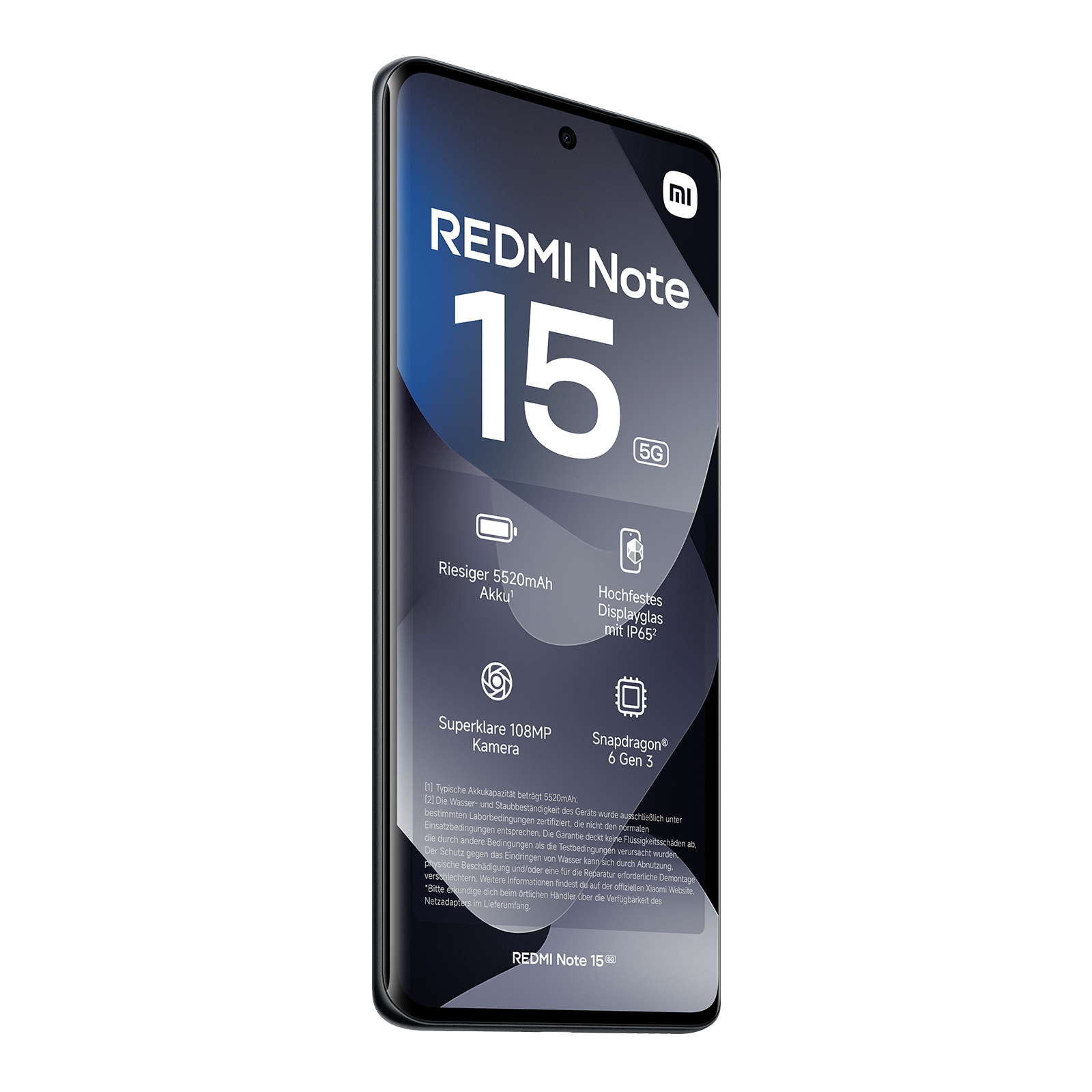 Redmi Note 15 5G Smartphone auf schwarzem Hintergrund mit technischen Daten auf dem Bildschirm.