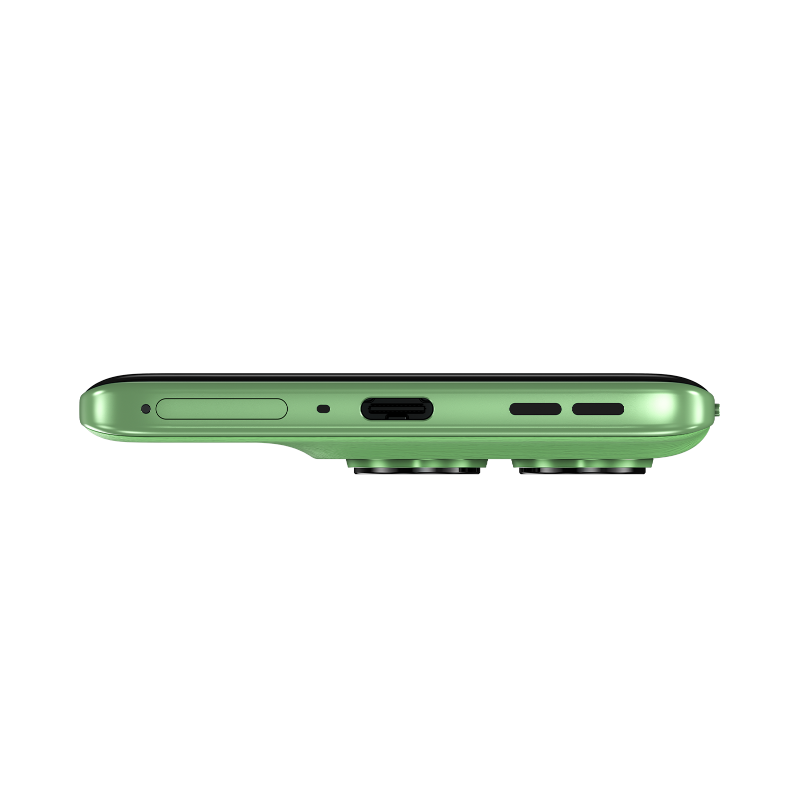 Unterseite eines grünen Smartphones mit USB-C-Anschluss, Lautsprecher, Mikrofon und SIM-Schacht vor schwarzem Hintergrund.