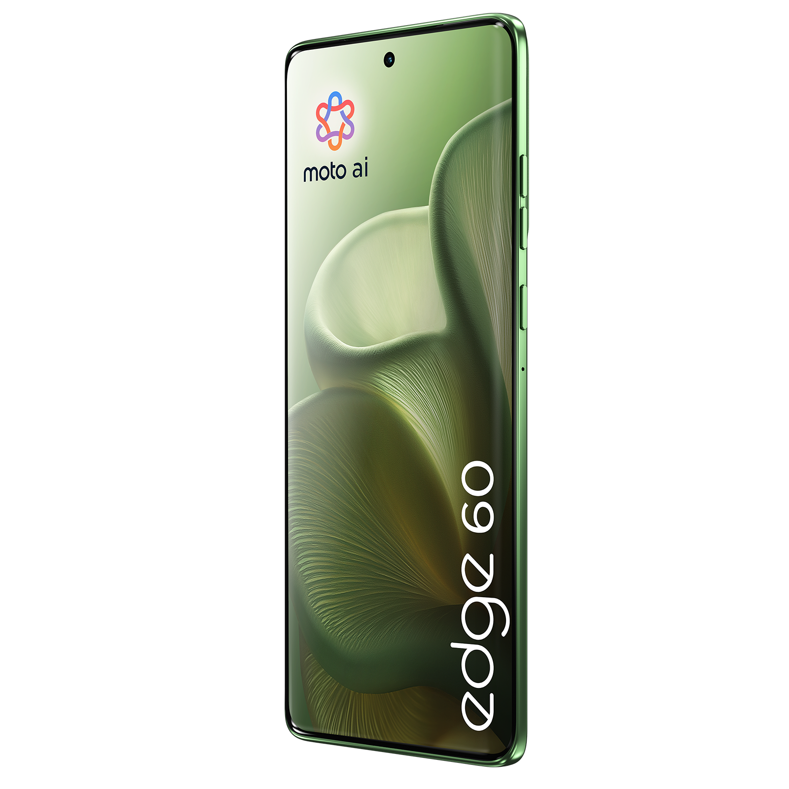 Zielony smartfon Moto Edge 60 z zakrzywionym ekranem i logo 'moto ai' na czarnym tle.
