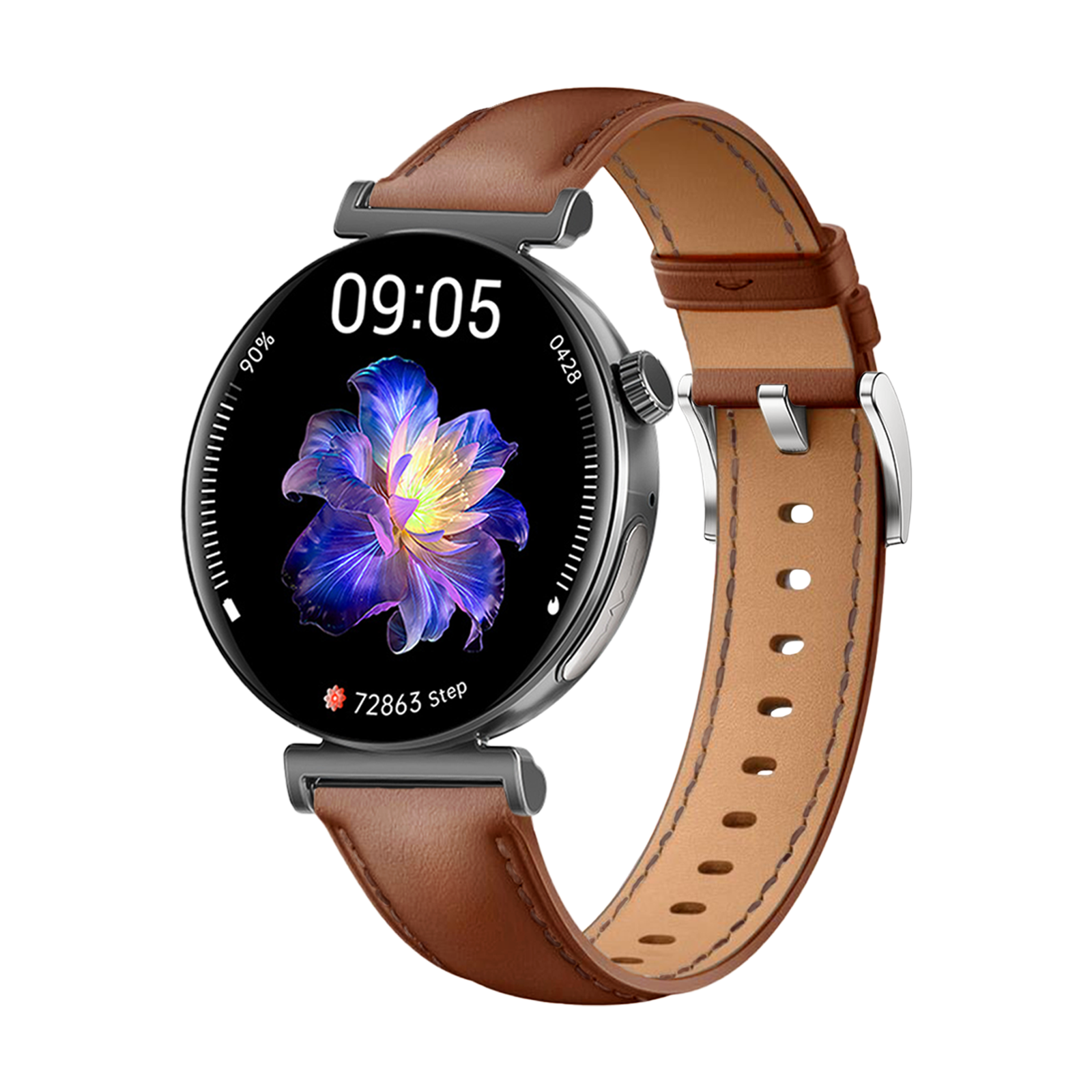 Eine runde Smartwatch mit braunem Lederarmband und schwarzem Display, das eine blaue Blume zeigt.