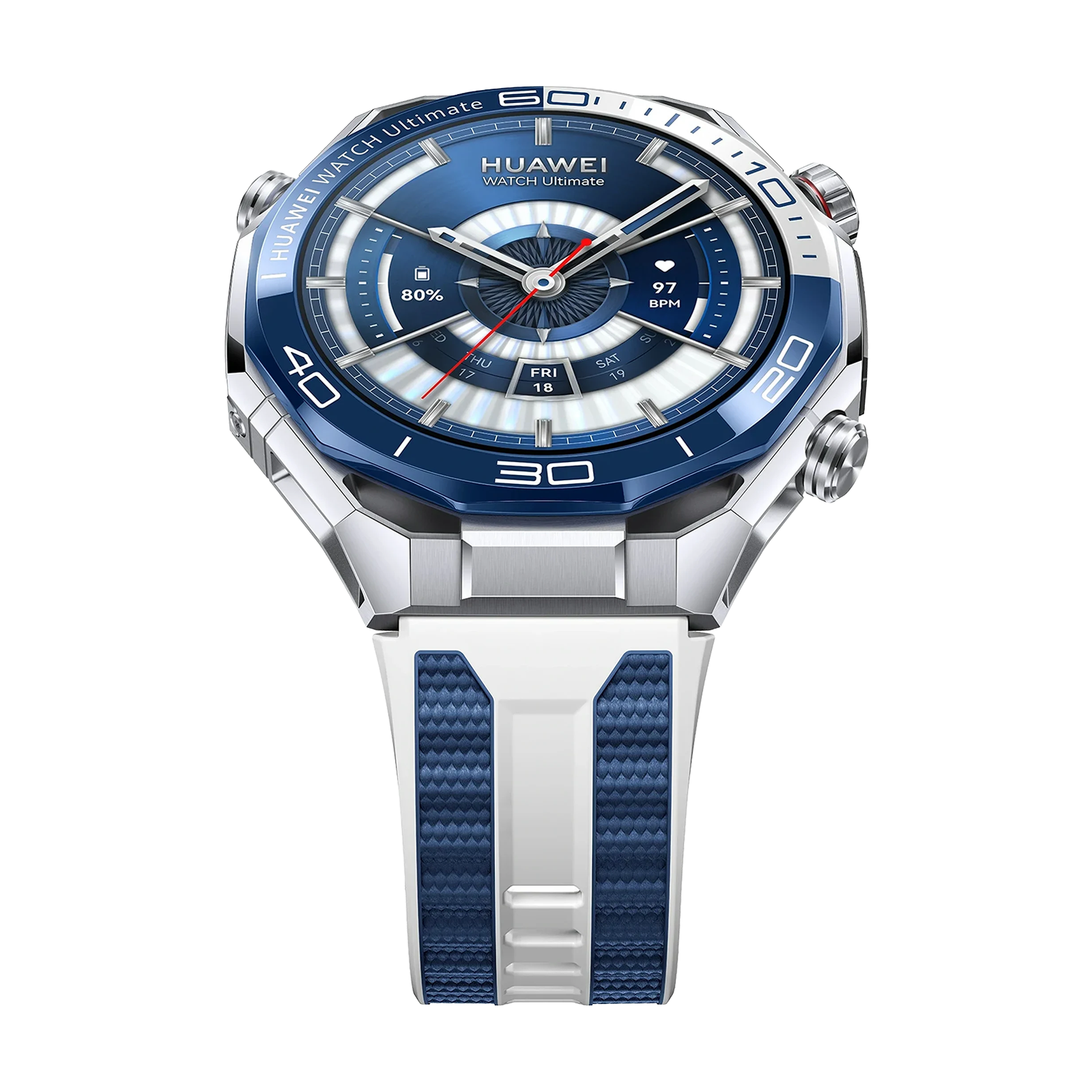 Eine Huawei Watch Ultimate mit blauem Zifferblatt, silberner Lünette und weiß-blauem Armband vor schwarzem Hintergrund.