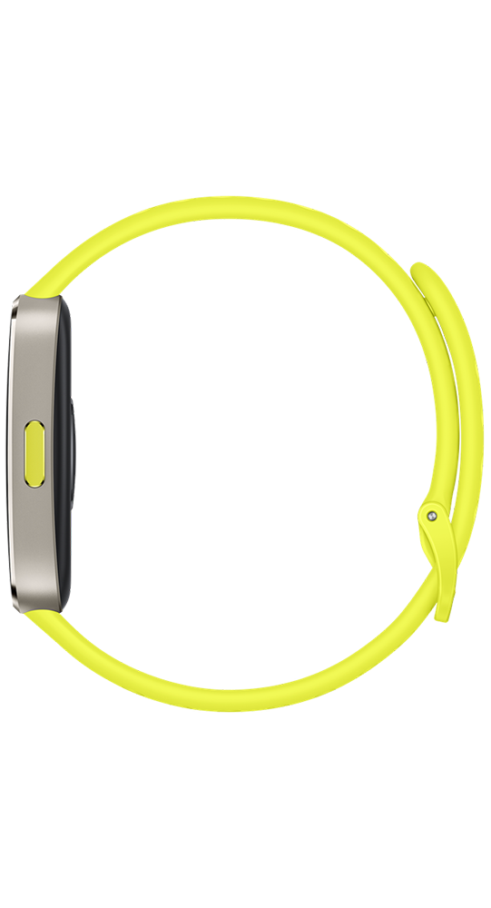 Seitenansicht einer Smartwatch mit silbernem Gehäuse, gelbem Armband und gelbem Knopf vor schwarzem Hintergrund.