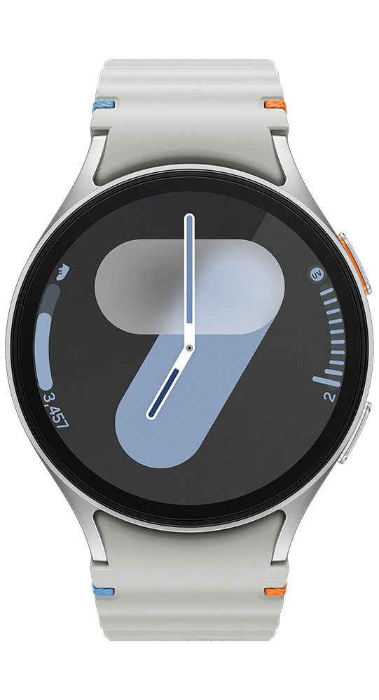 Uno smartwatch argentato con cinturino grigio, quadrante minimalista e dettagli blu su sfondo nero.