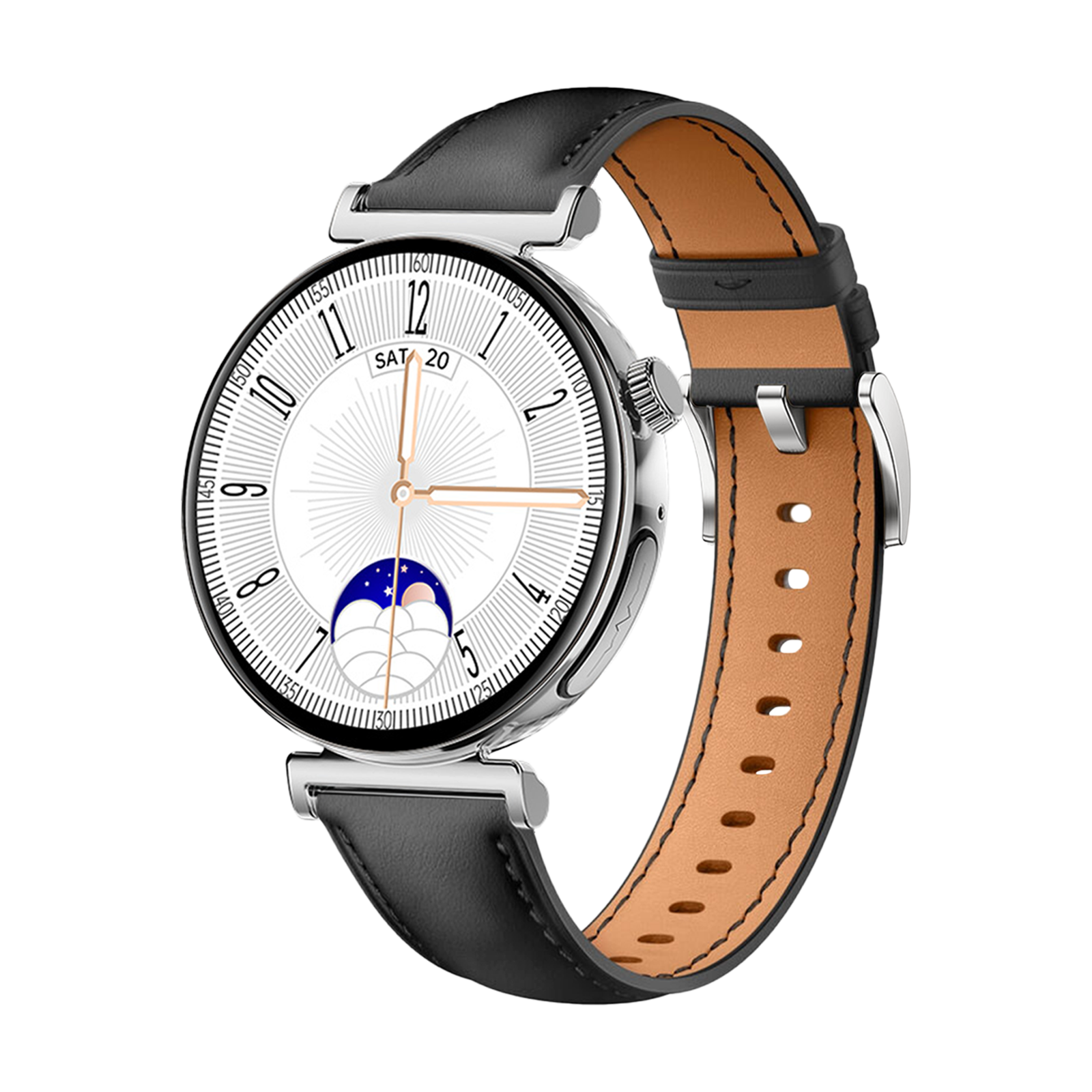 Eine silberne Smartwatch mit weißem Zifferblatt, goldenen Zeigern und schwarzem Lederarmband.