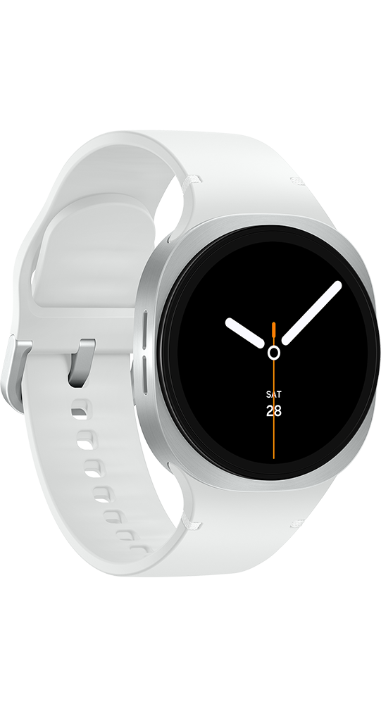 Uno smartwatch bianco con cassa rotonda, quadrante nero e cinturino in silicone bianco su sfondo nero.