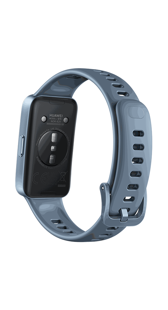 Vista posteriore di uno smartwatch Huawei grigio con sensori e cinturino perforato su sfondo nero.
