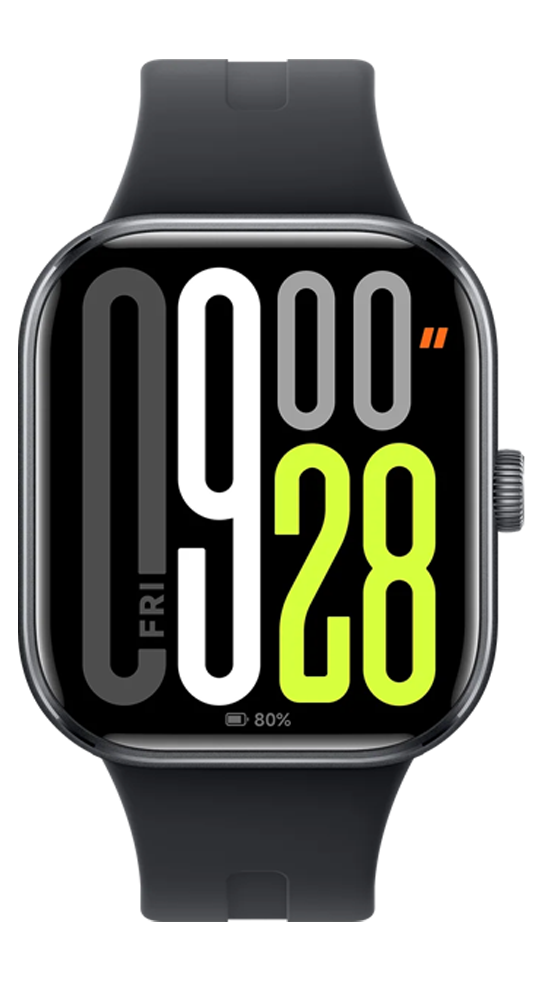 Un reloj inteligente negro con pantalla rectangular muestra la hora digital grande 09:28 y 80% de batería.