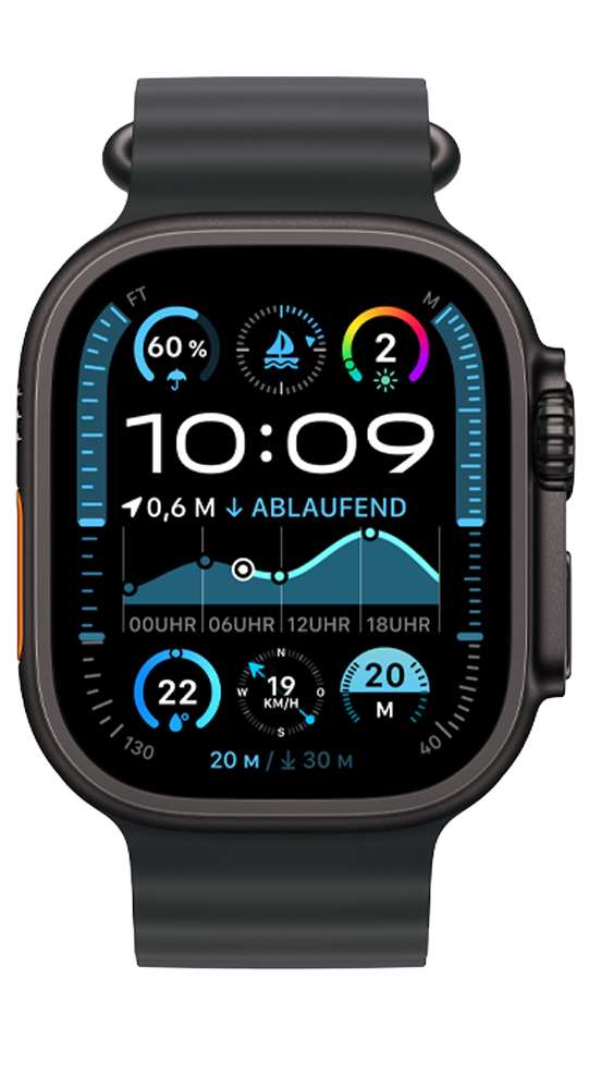 Eine schwarze Smartwatch zeigt Digitaluhr, Gezeitendiagramm und verschiedene Messwerte auf dunklem Grund.