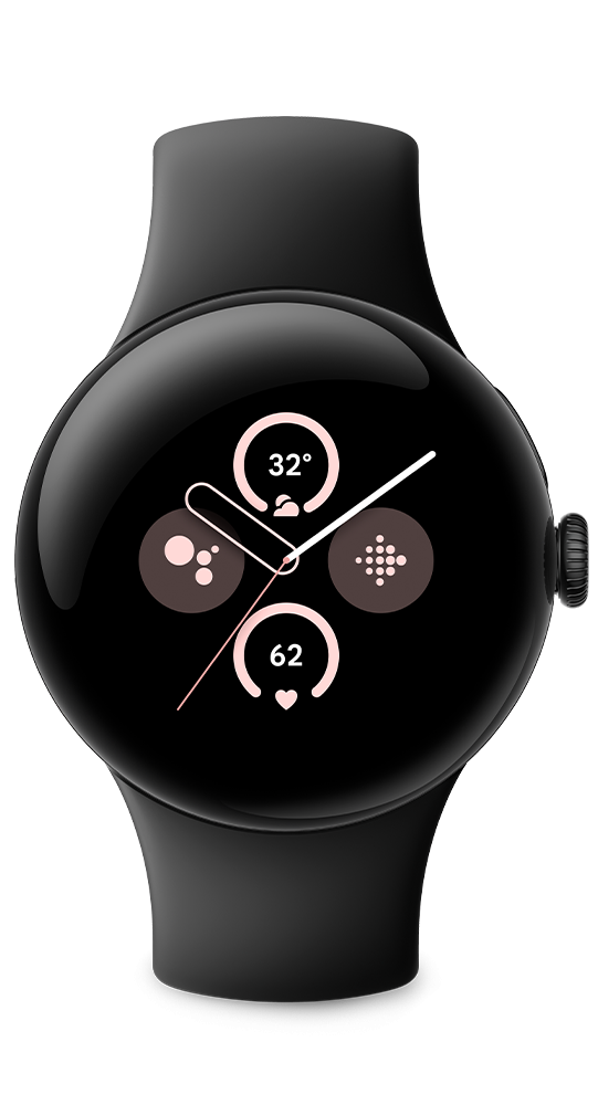 Czarny smartwatch z okrągłym ekranem, wskazówkami analogowymi i okrągłymi widżetami informacyjnymi na czarnym tle.