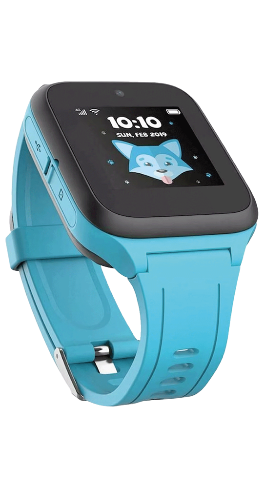 Blaue Kinder-Smartwatch mit schwarzem Rahmen, digitaler Zeitanzeige und blauem Wolfswappen auf dem Bildschirm.
