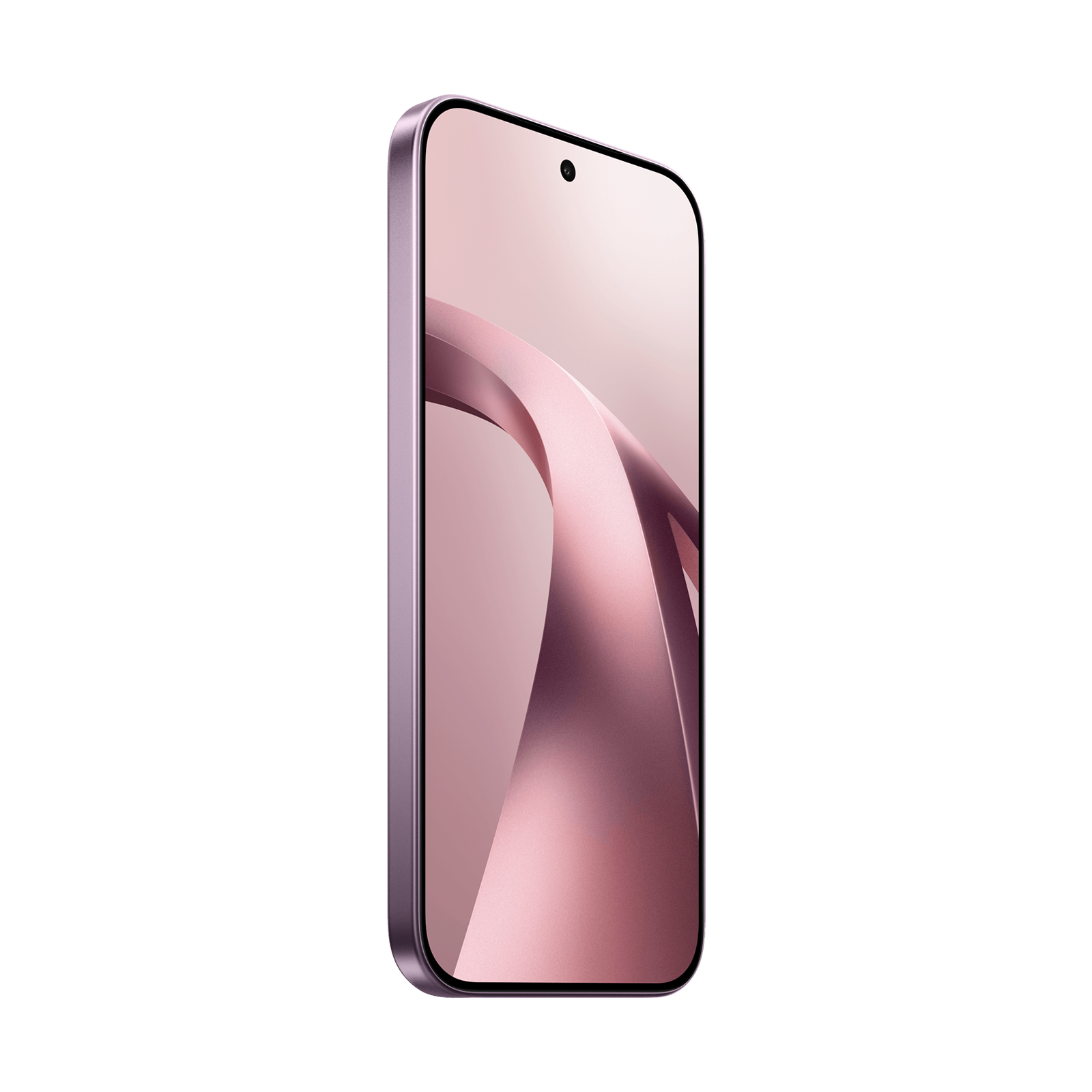 Ein modernes Smartphone mit rosa Metallrahmen und abstrakter rosa Bildschirmgrafik vor schwarzem Hintergrund.