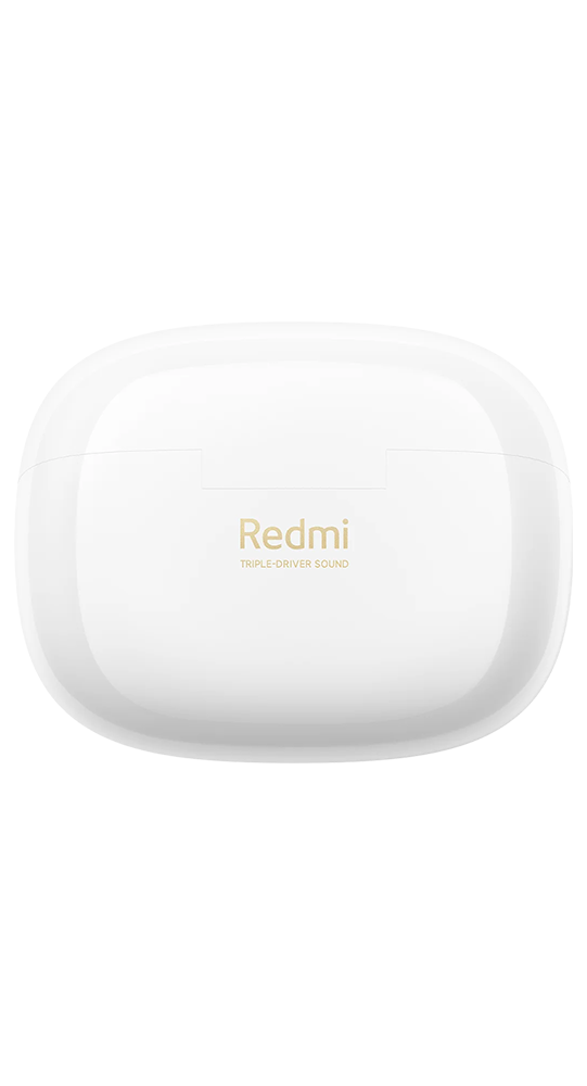 Un estuche de carga blanco de auriculares inalámbricos Redmi sobre fondo negro.