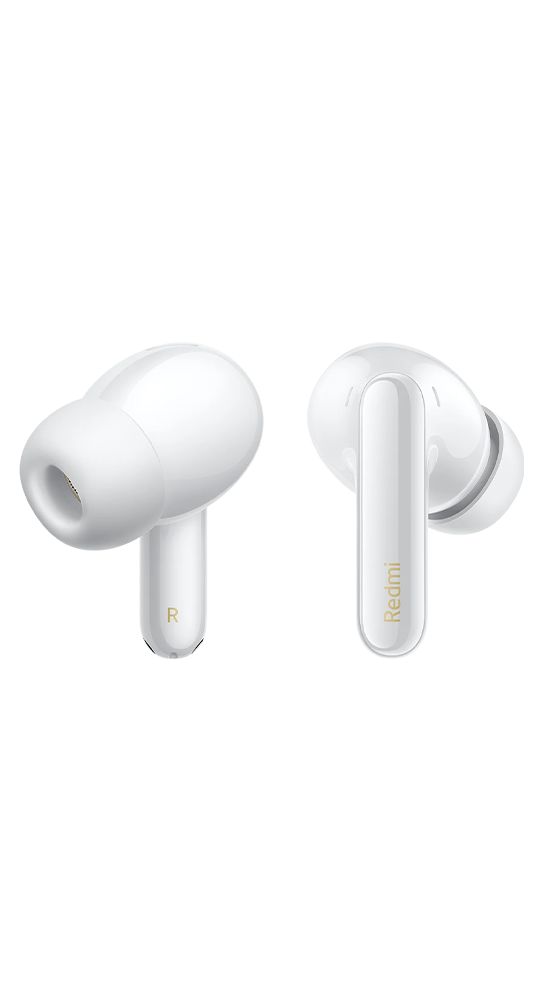Dos auriculares inalámbricos blancos brillantes sobre fondo negro, el derecho muestra el logotipo de Redmi.