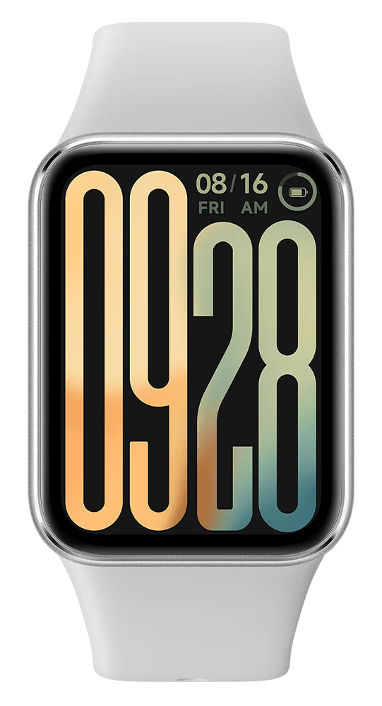 Un reloj inteligente blanco con una pantalla digital que muestra la hora 09:28 y la fecha 08/16.