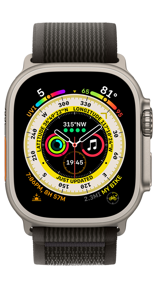 Eine Smartwatch mit einem detaillierten Zifferblatt, das Uhrzeit, Kompass und Wetter anzeigt.