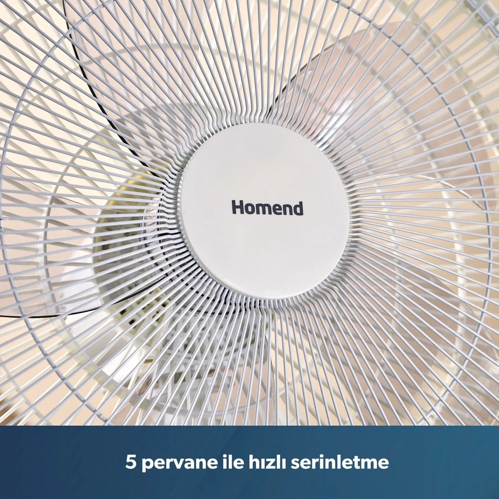 Üzerinde Homend yazısı bulunan beyaz renkli vantilatörün ızgarası.