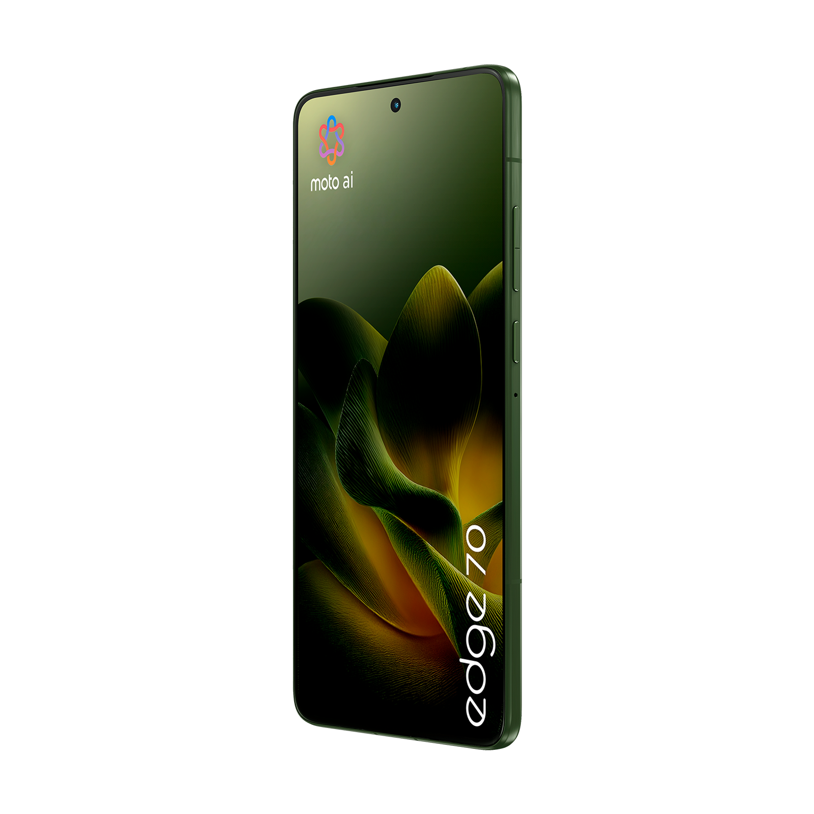 Zielony smartfon Moto Edge 70 z abstrakcyjnym tłem na ekranie.