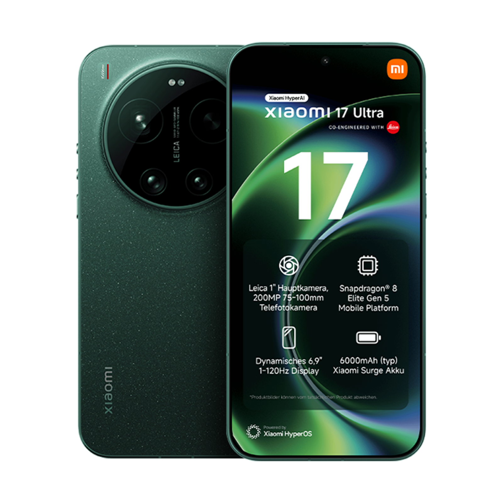 Grünes Xiaomi 17 Ultra Smartphone mit großem Display, runder Kamera und technischen Spezifikationen.
