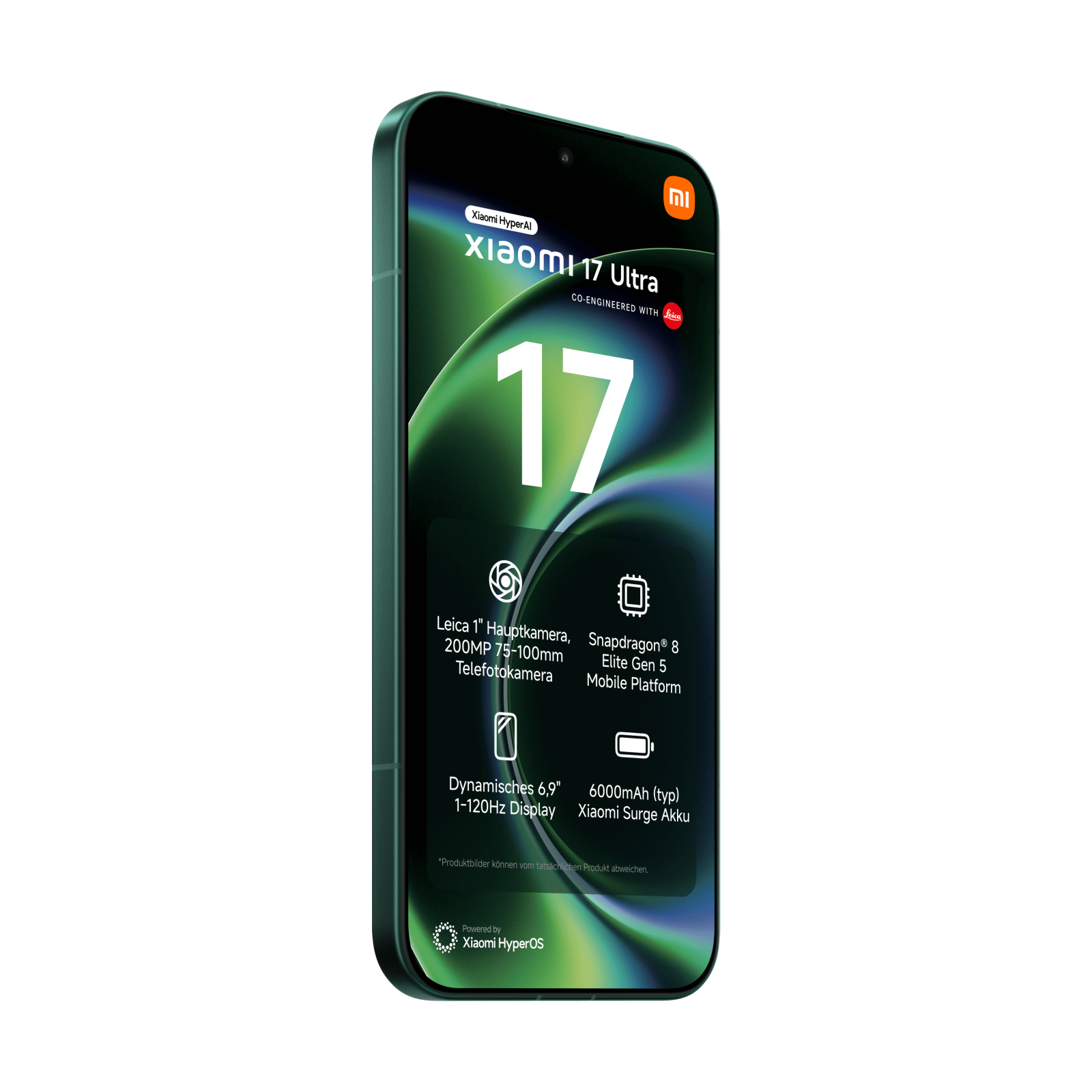 Grünes Xiaomi 17 Ultra Smartphone mit technischen Daten auf dem Bildschirm auf schwarzem Hintergrund.