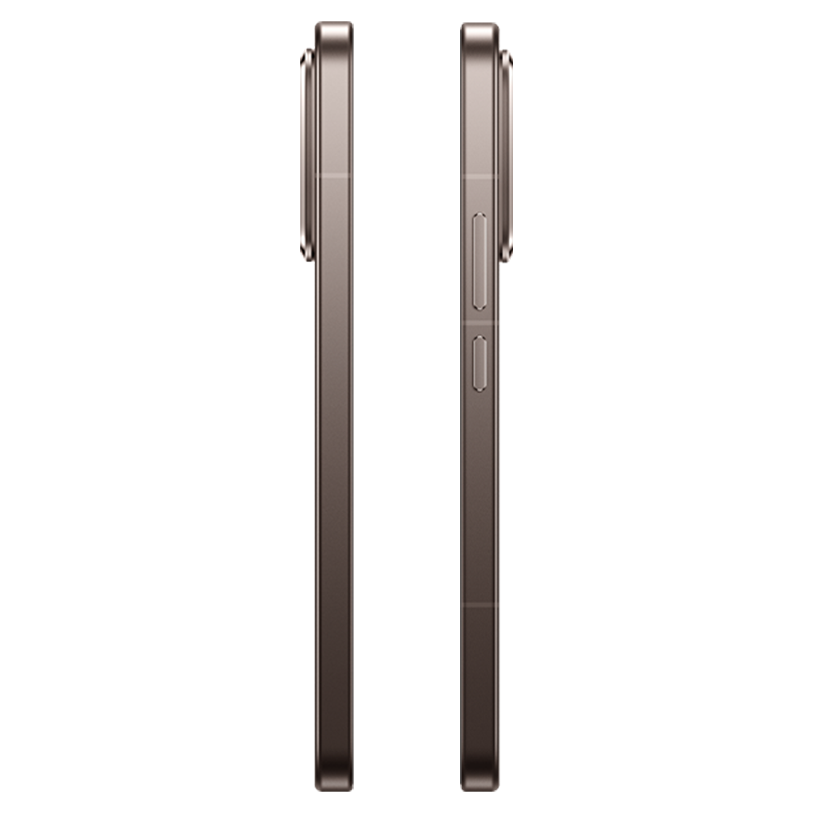 Seitenansicht zweier bronzefarbener Smartphones vor schwarzem Hintergrund.
