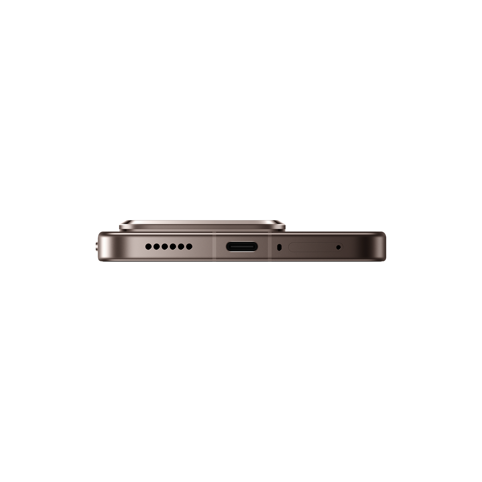 Unterseite eines bronzefarbenen Smartphones mit Lautsprecher, USB-C-Anschluss, Mikrofon und SIM-Schacht auf Schwarz.