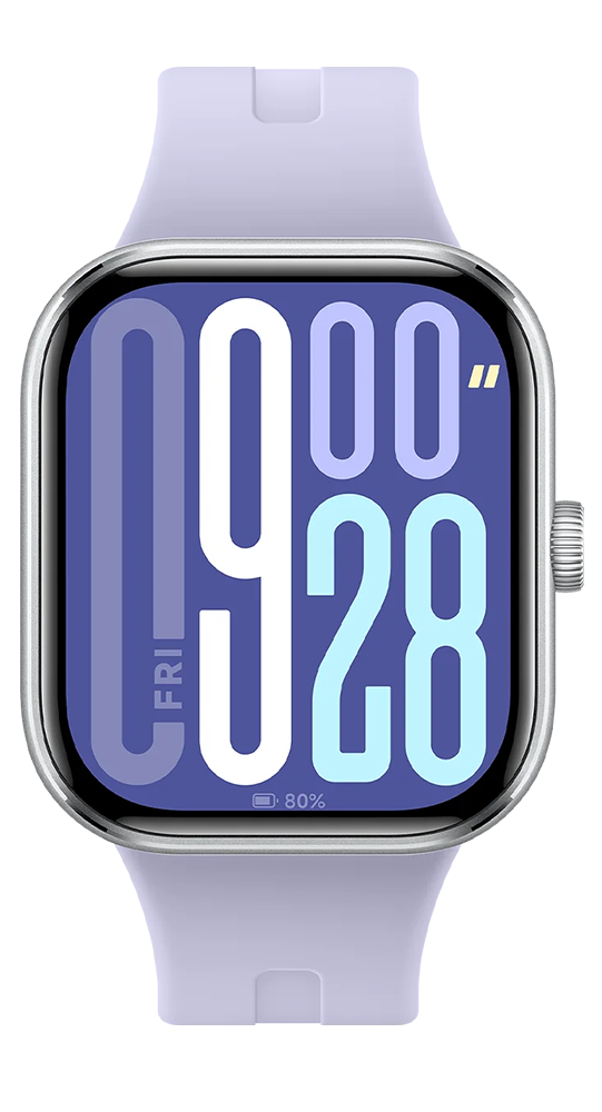 Un reloj inteligente con correa morada y esfera digital que muestra la hora y el nivel de batería.