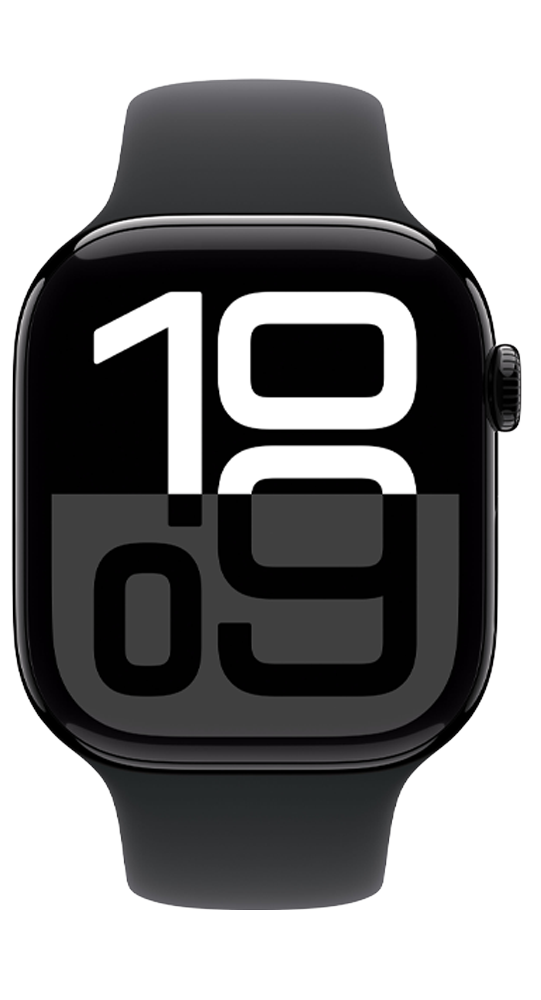 Un reloj inteligente negro con una esfera grande que muestra la hora 10:09 en números blancos y grises.