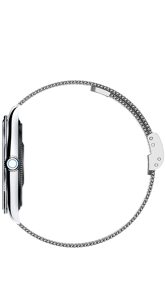 Eine silberne Uhr mit Metallarmband im Profil vor schwarzem Hintergrund.