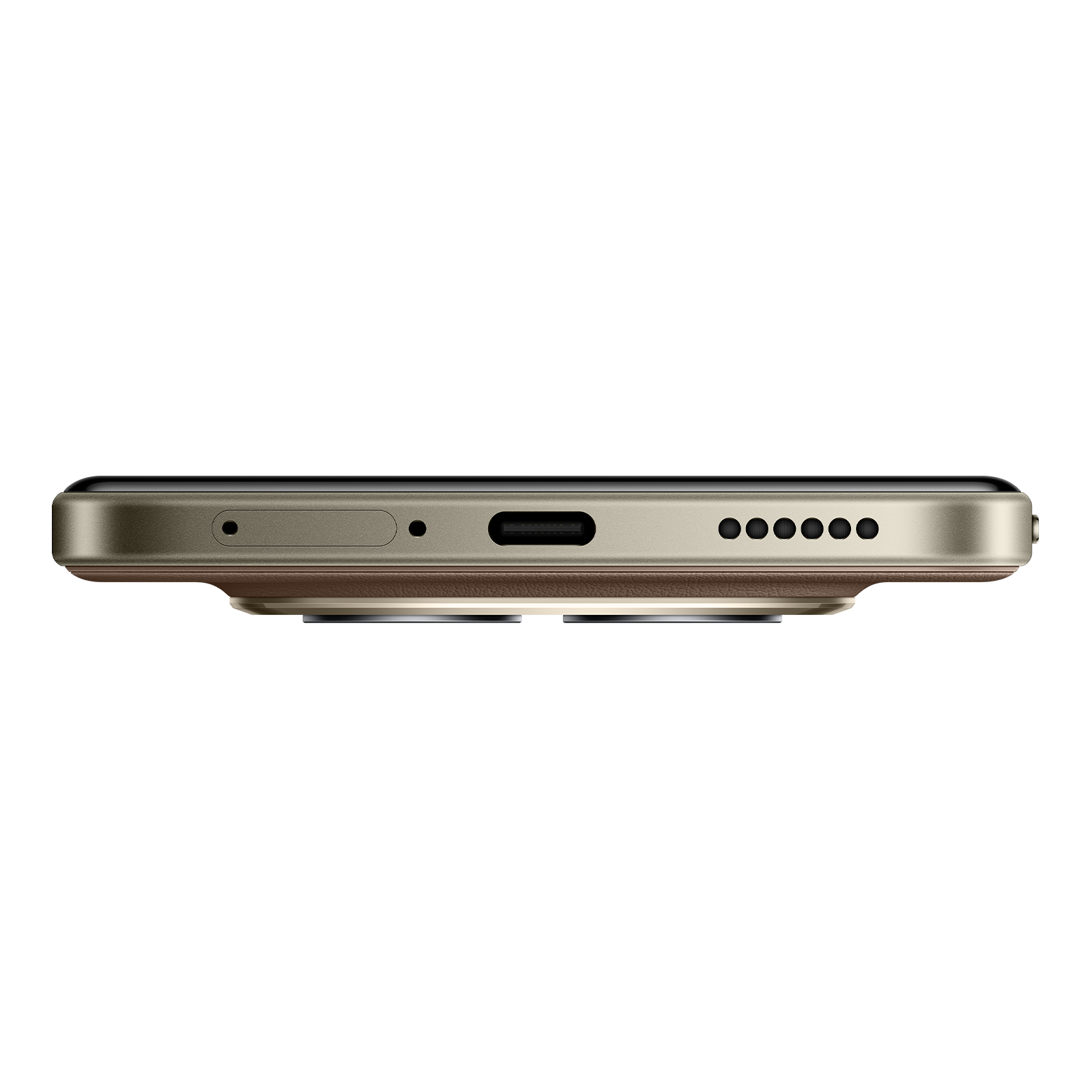 Unterseite eines Smartphones mit USB-C-Anschluss, Lautsprecher und SIM-Karten-Schacht vor schwarzem Hintergrund.